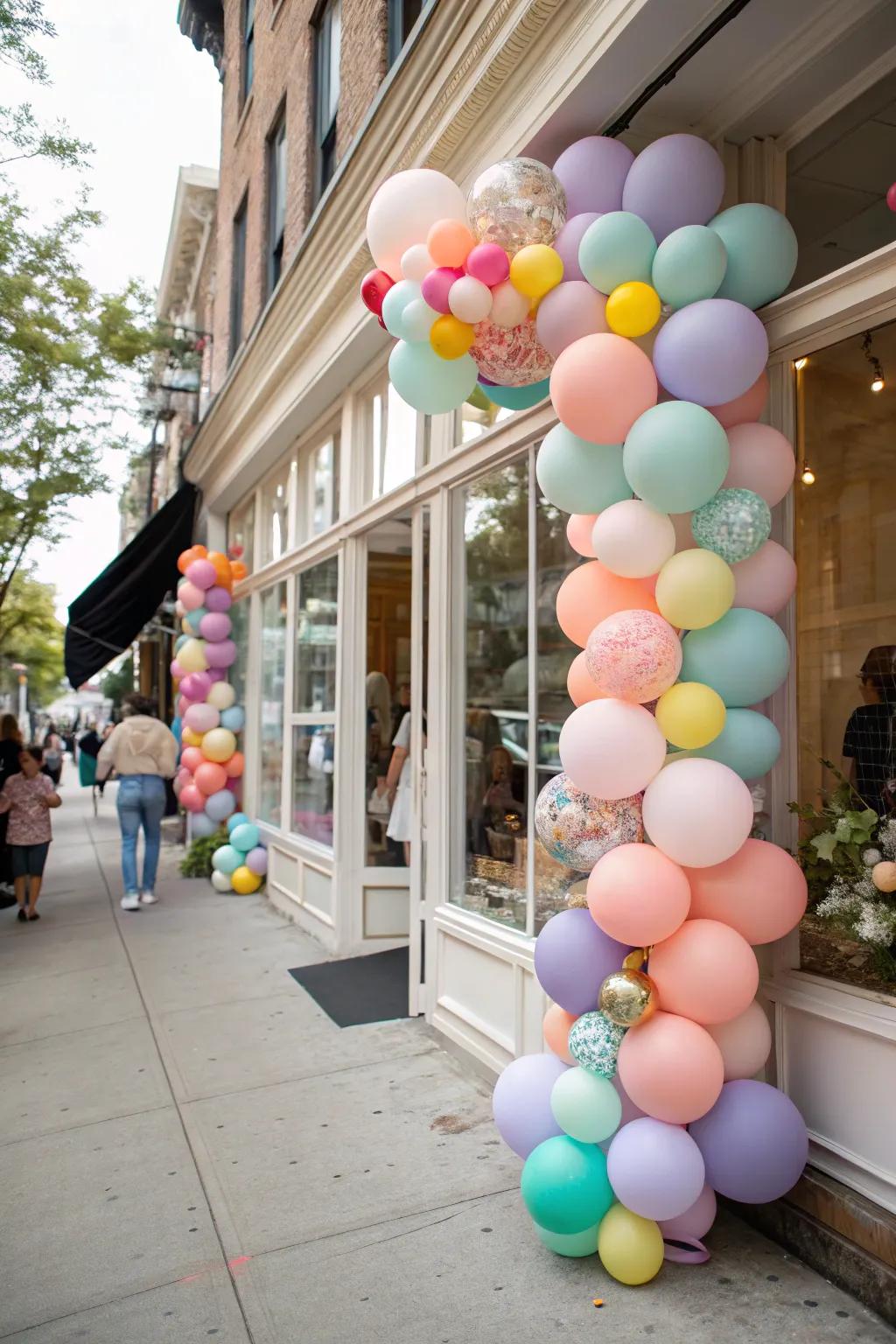 A free-form balloon arrangement contributes a playful and welcoming vibe.