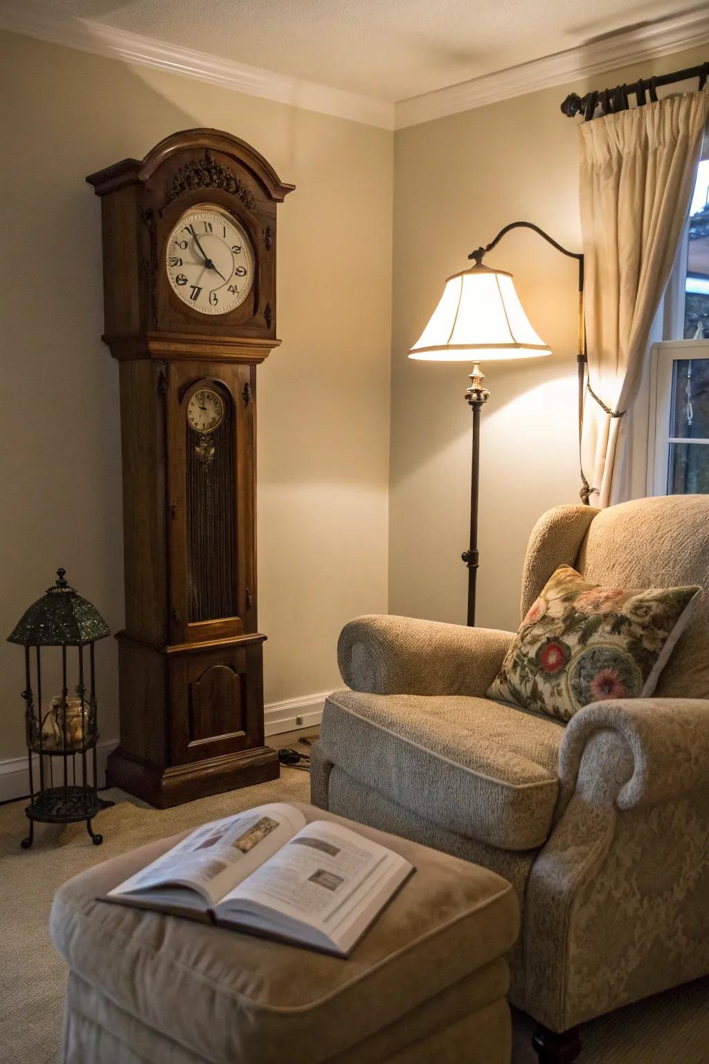 A comfortable nook with a pendulum timepiece creates a perfect place for reading.