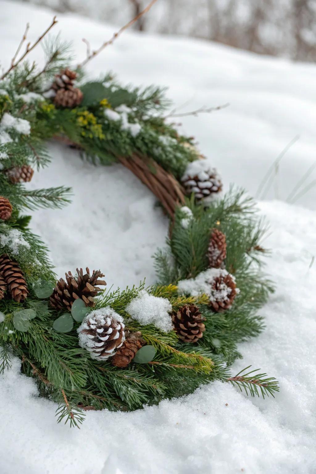 A winter-inspired grapevine wreath featuring evergreens and pinecones.