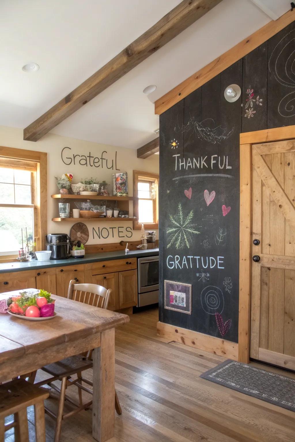 A slateboard wall adorned with sentiments of gratitude.