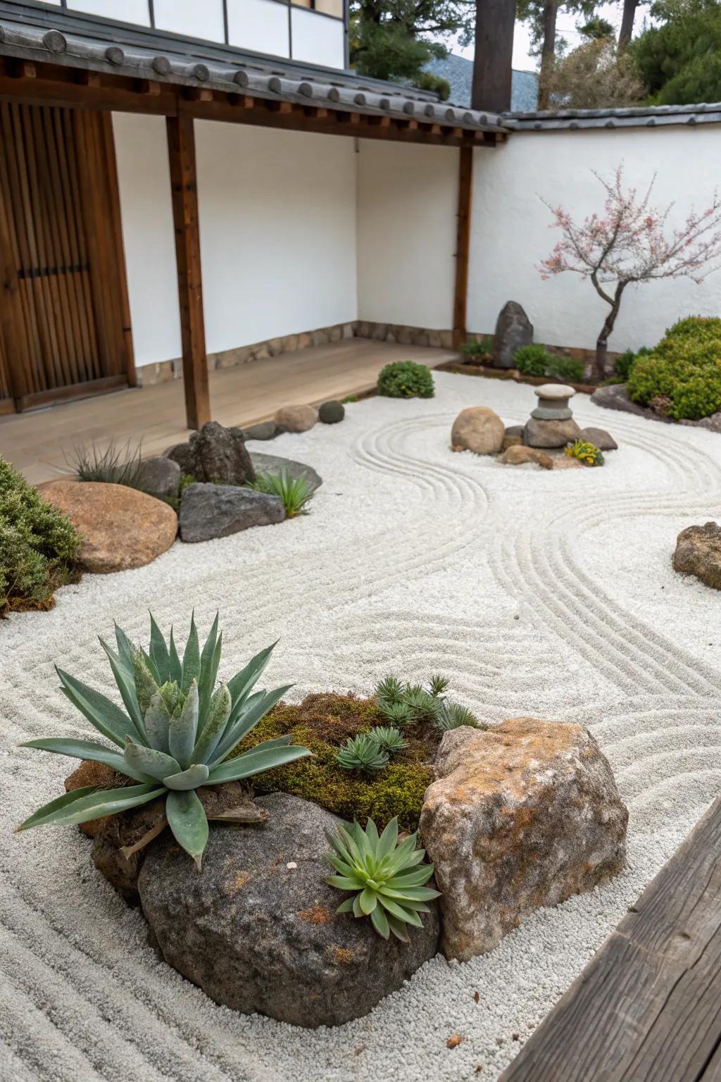 A Zen-inspired stone flower garden dotted with succulents