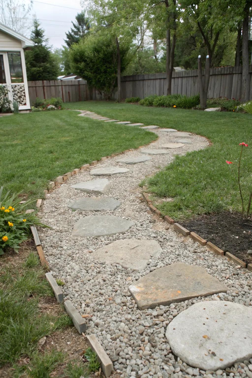 Charming pavers nestled in gravel create an inviting pathway.