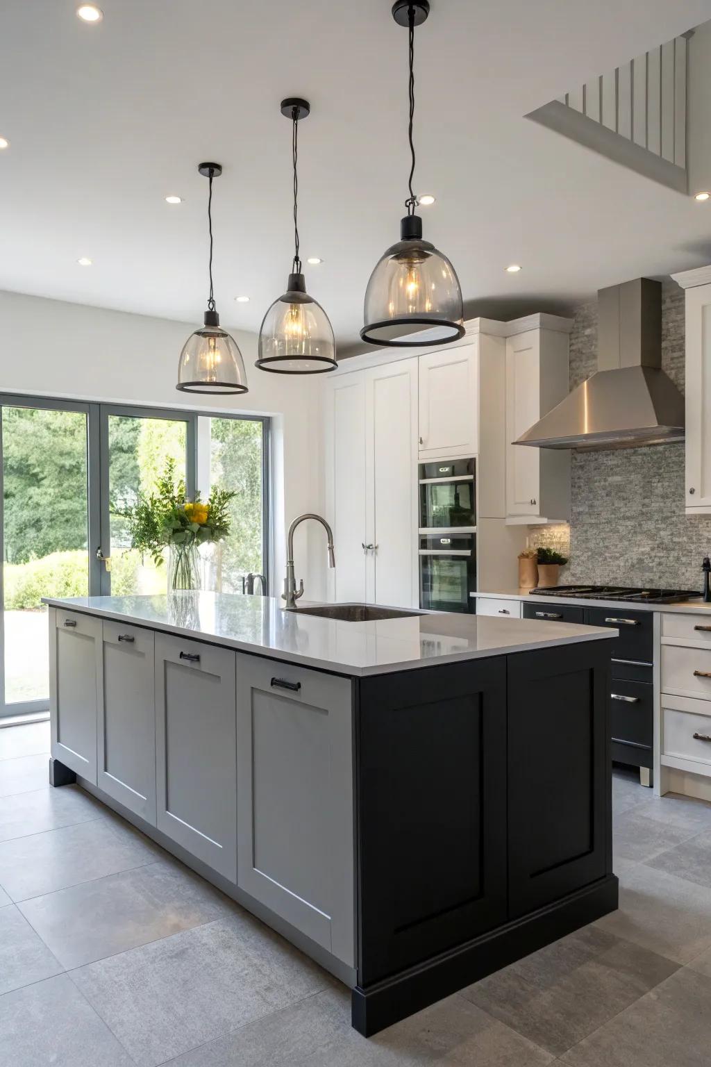 Hanging lighting boosts the kitchen's overall ambiance.