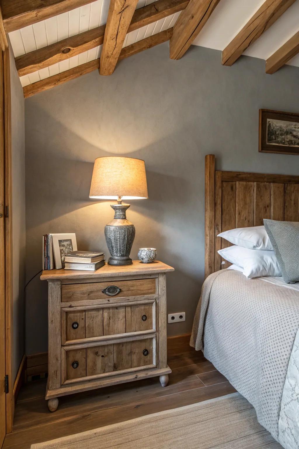 Heated gray walls enhanced by wooden touches.