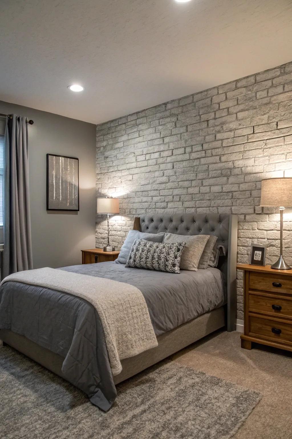 A textured wall injects both warmth and distinctiveness into a gray-dominant bedroom.