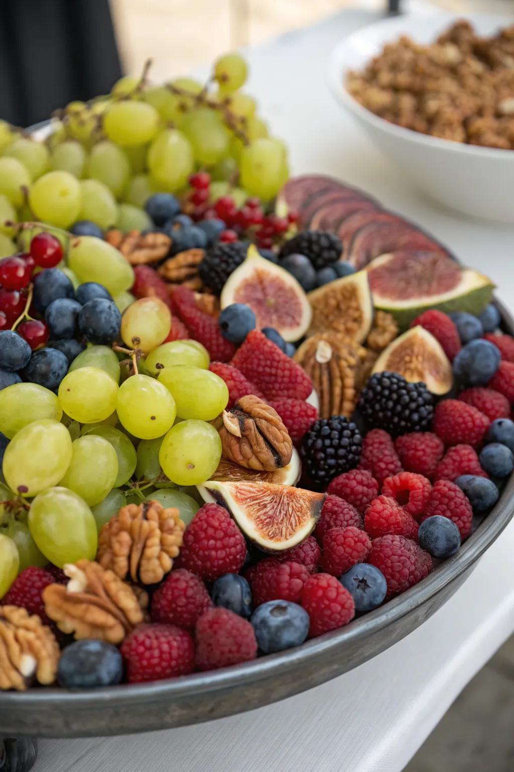 A vivid presentation of fresh fruits and nuts.