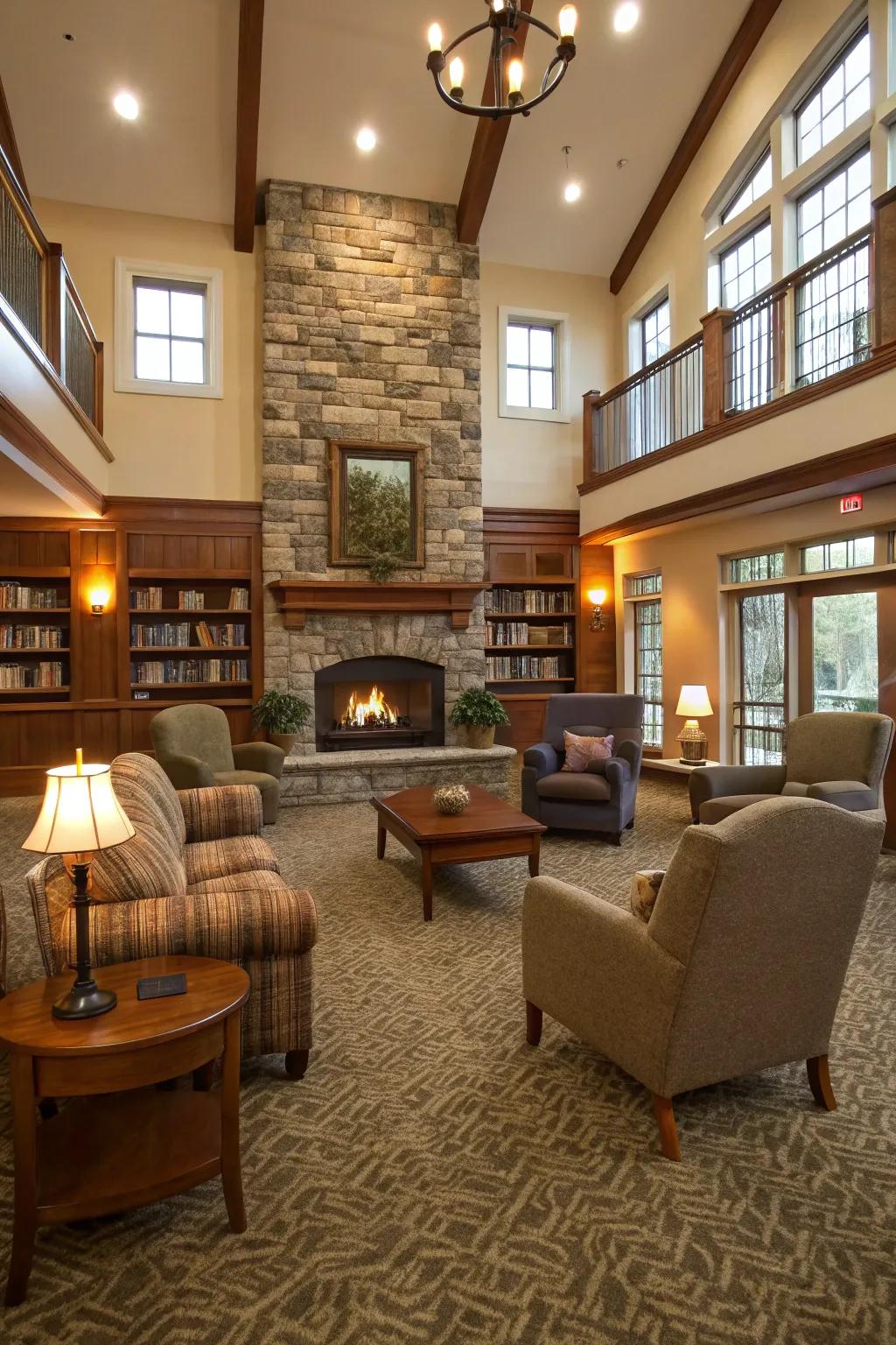 A fireplace that stands as the central gathering spot in the great room.