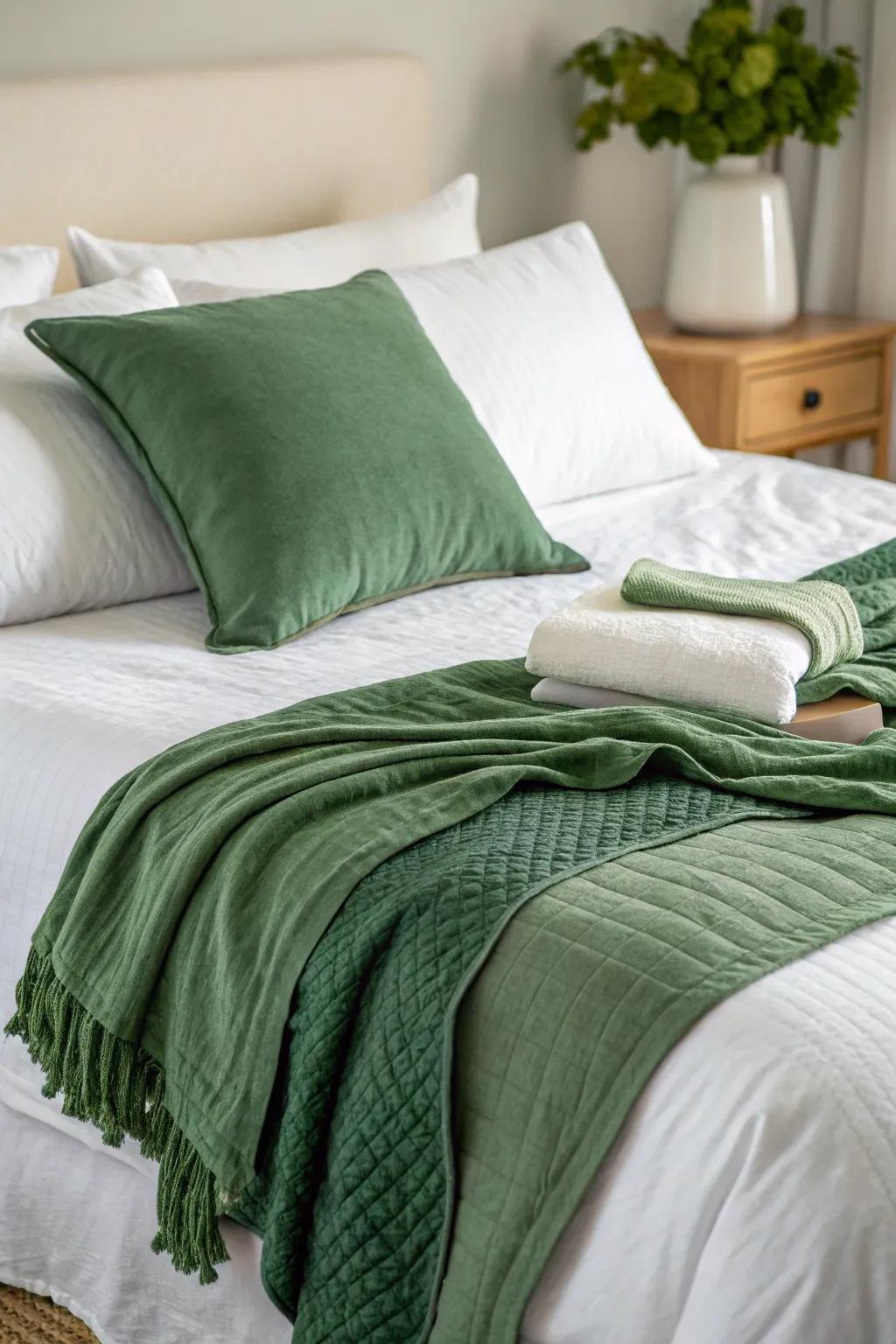 Artfully layered textiles create a cozy, inviting green and white bedroom.