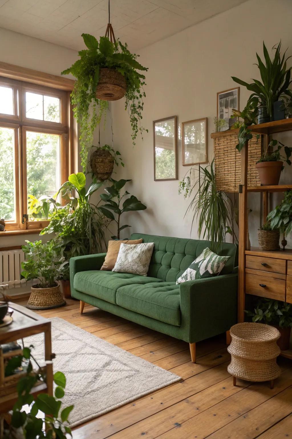 Organic components such as flora and timber enrich the verdant couch, fashioning a tranquil retreat.
