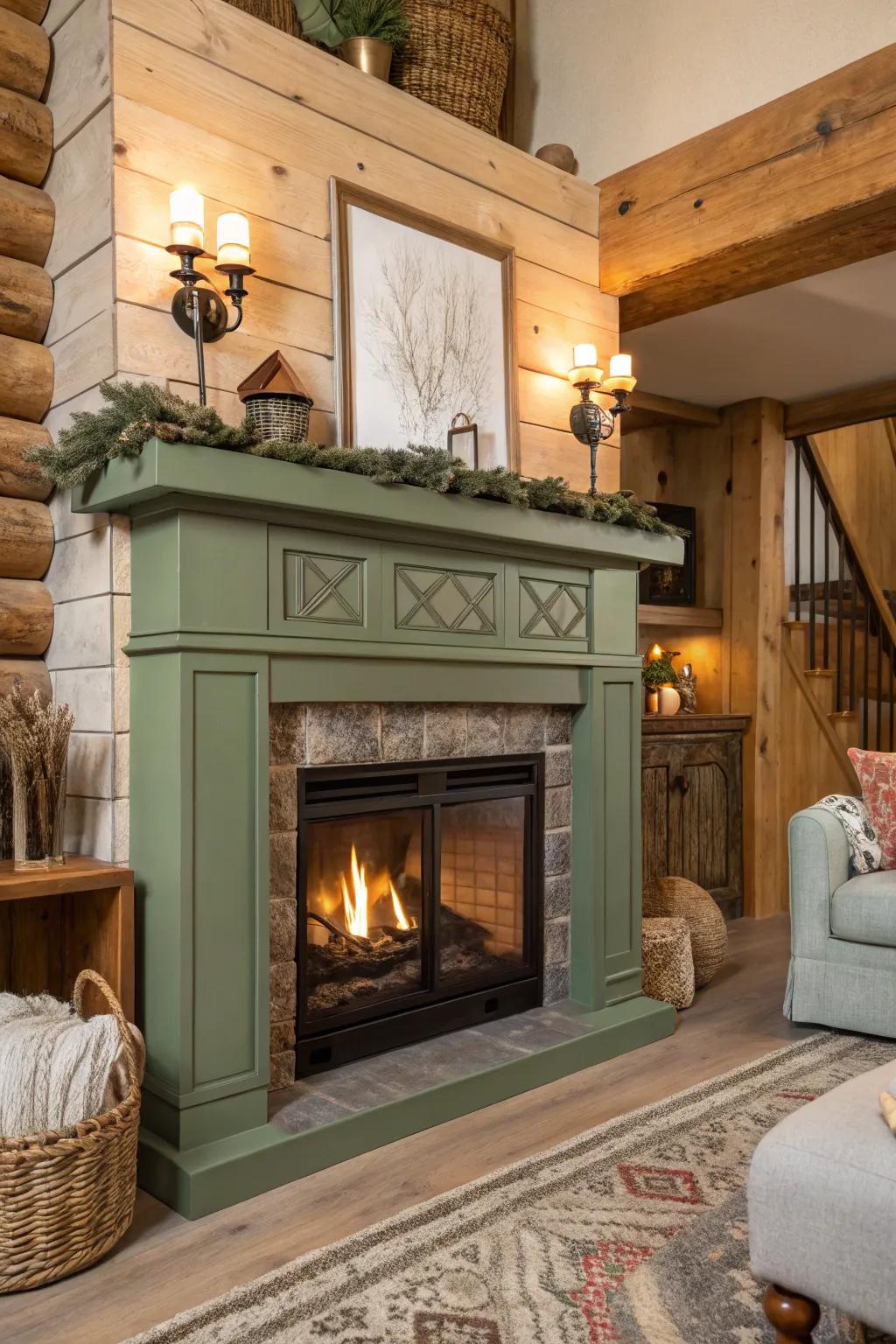 A fireplace showcasing a calming fern green top piece and raw wood features.