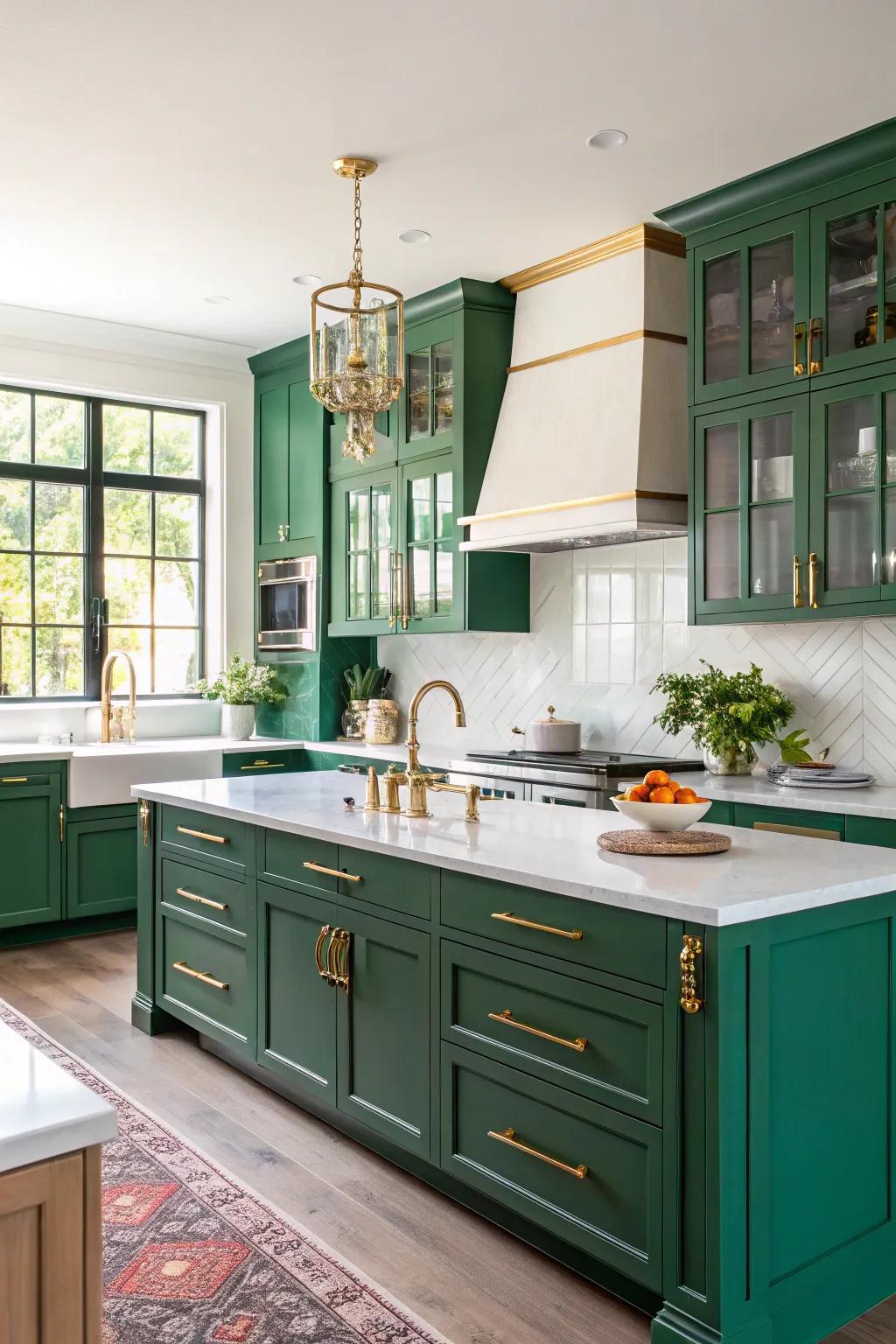 Emerald green cabinets make a striking and luxurious kitchen centerpiece.