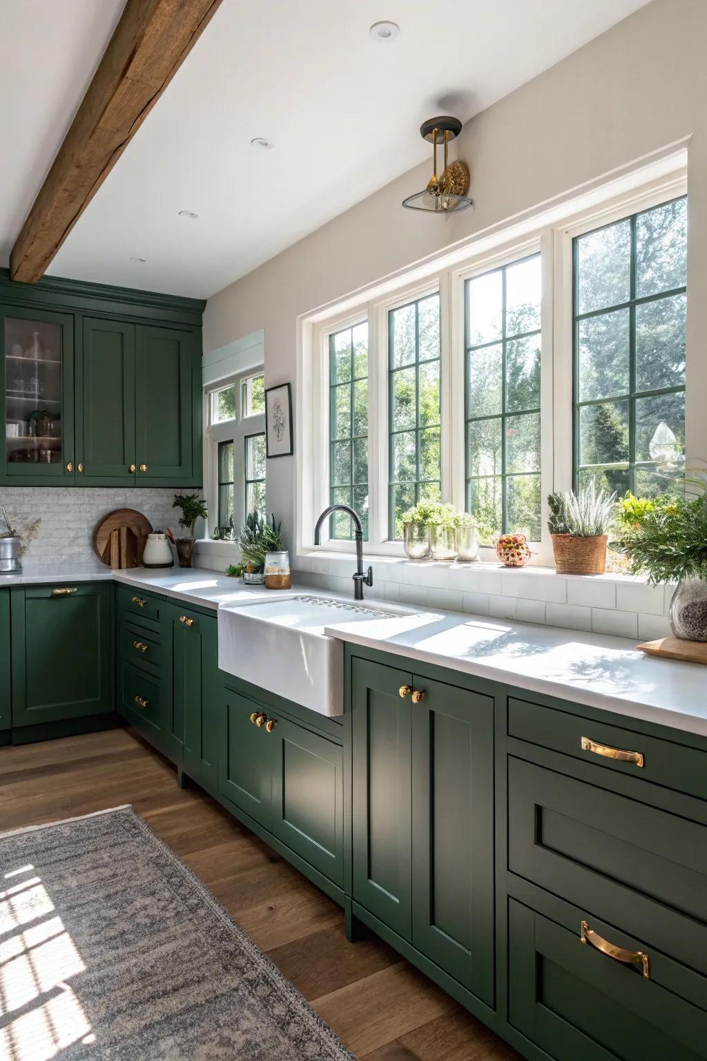 Striking evergreen cabinets command attention in a sun-drenched kitchen setting.
