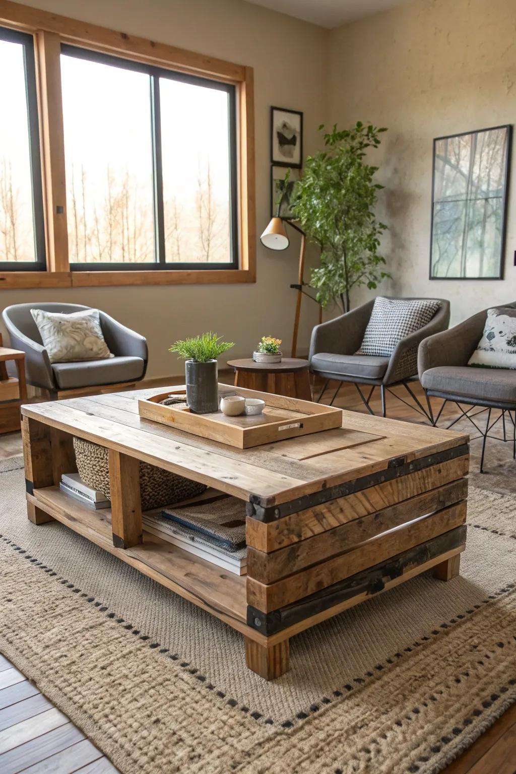 A modern living space showcasing a coffee table fashioned from reclaimed wood.