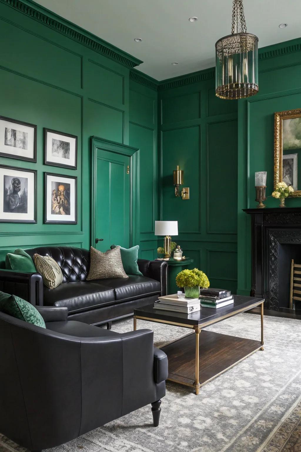 Emerald and black create a daring, luxurious ambiance.