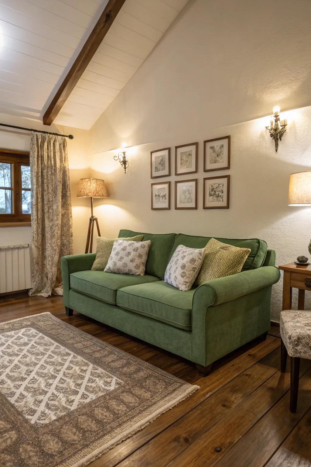 A bright green sofa stands out wonderfully when contrasted with neutral colors.