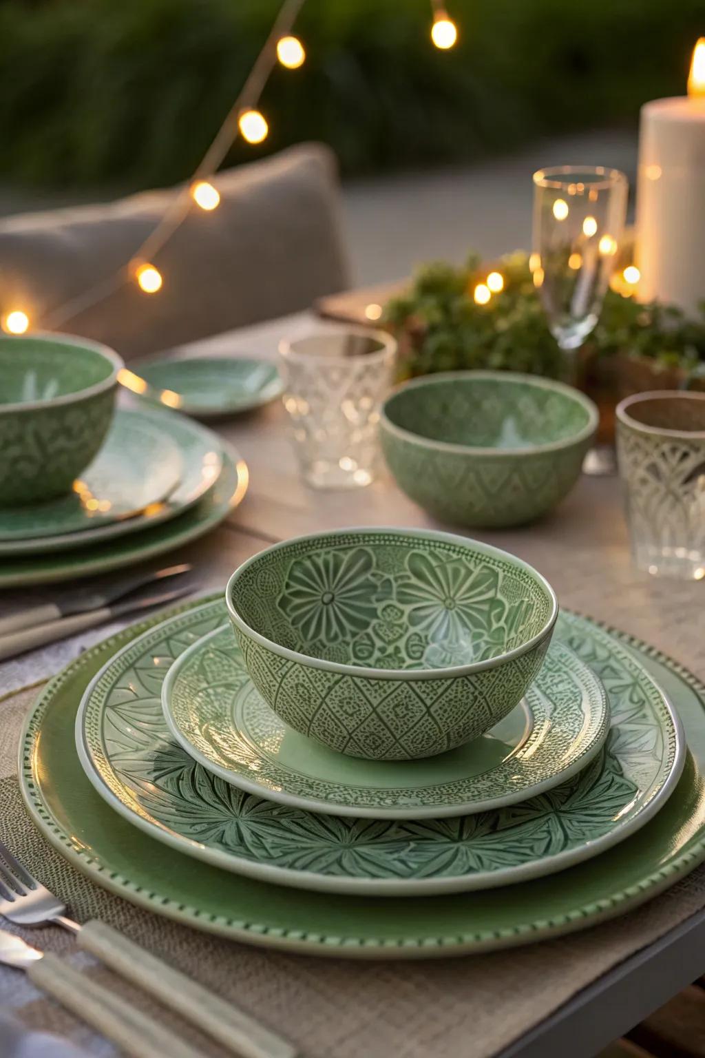 Green tableware featuring elaborate patterns for a stylish aesthetic.