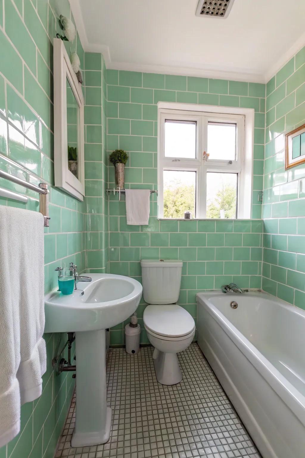 Mint green tiles provide an airy, spacious touch to small spaces.