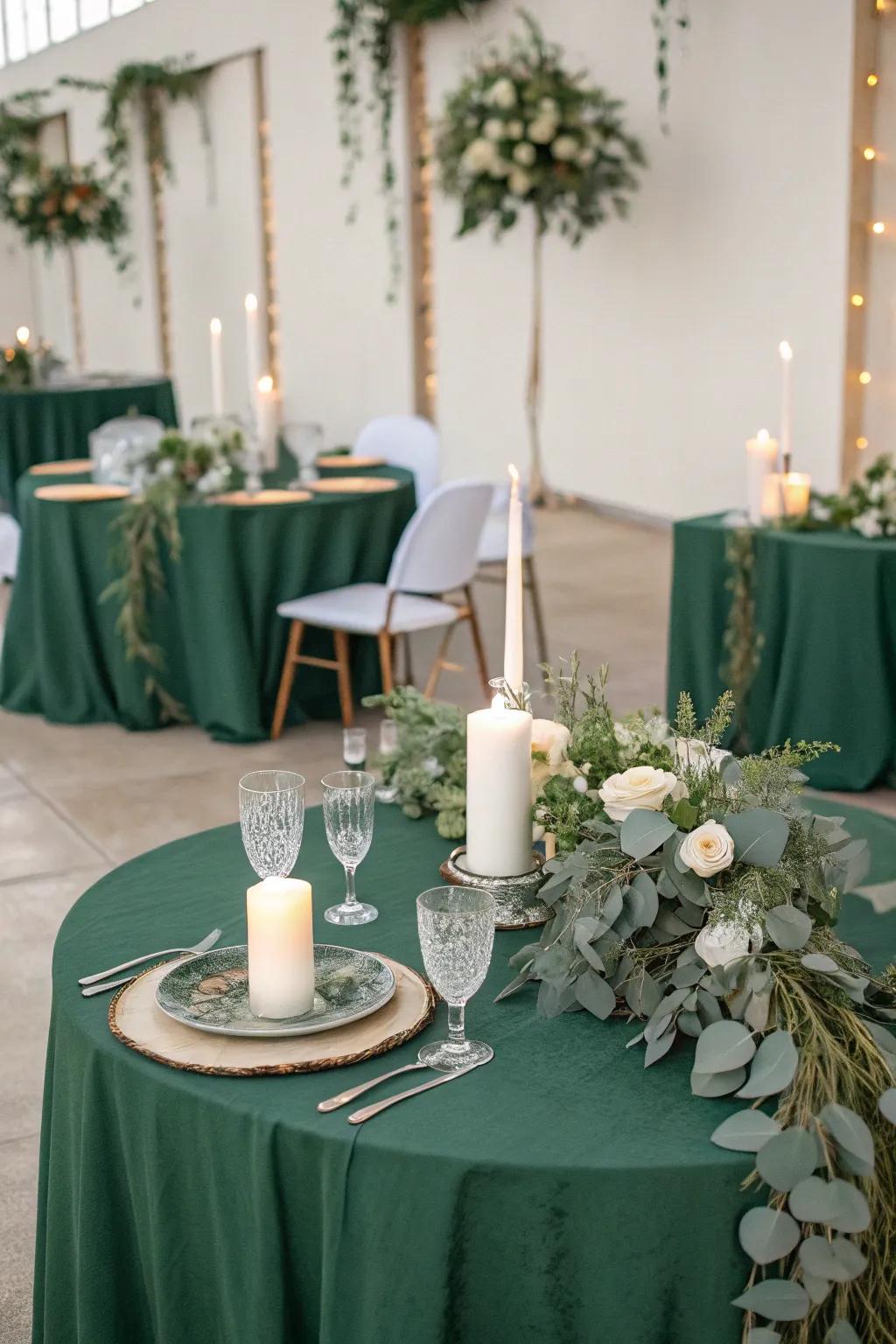 Exquisite table arrangements featuring green accents and abundant foliage.