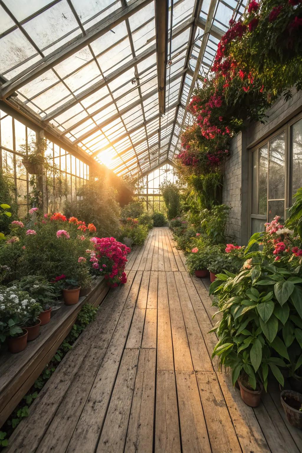 Wood planks offer a natural and warm greenhouse floor.