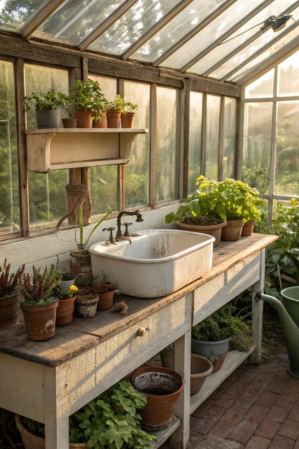 A vintage basin brings classic charm to your greenhouse environment.
