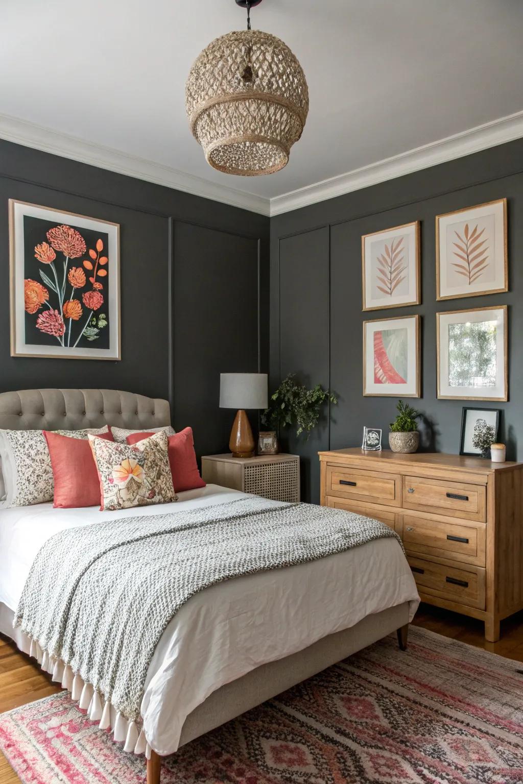 A remarkable bedroom featuring a striking charcoal grey feature wall.