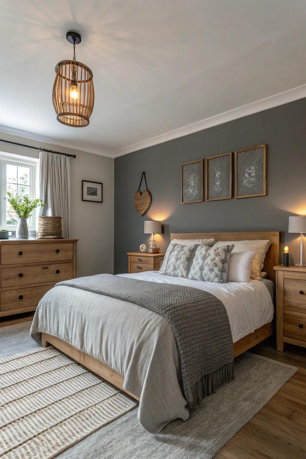 A tranquil bedroom showcasing a serene grey accent wall.
