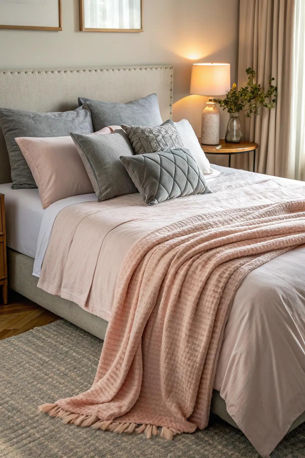 A delicate pink throw elegantly draped over grey bedding exudes sophistication.