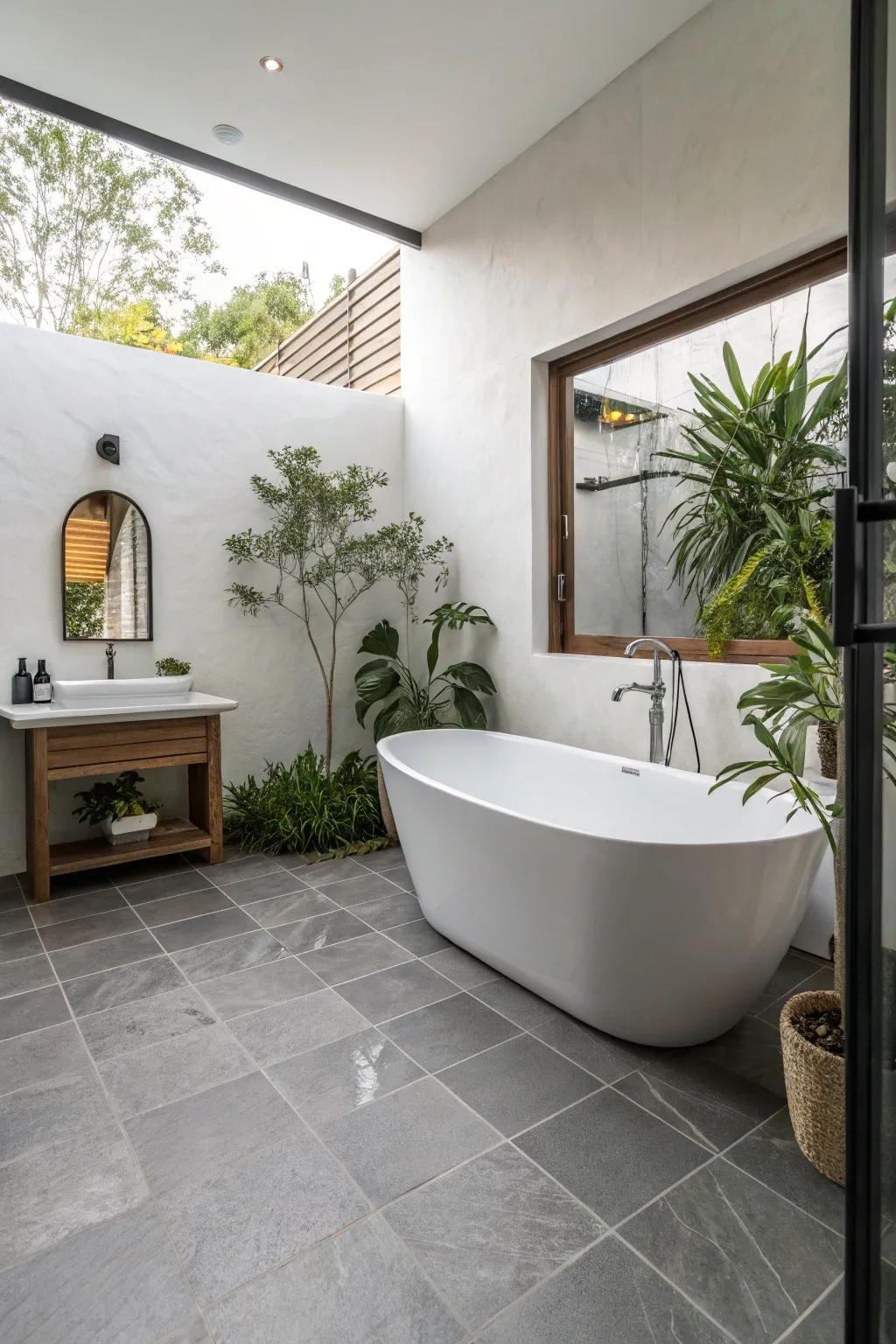 A pristine white freestanding bathtub commands attention in this refined bathroom.