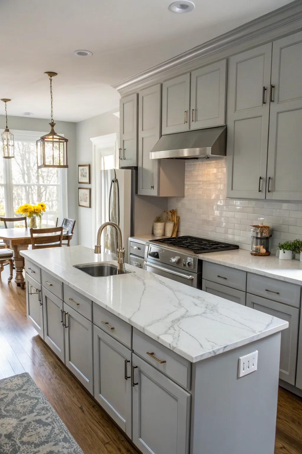 Elegant white stone worktops in a grey and white kitchen