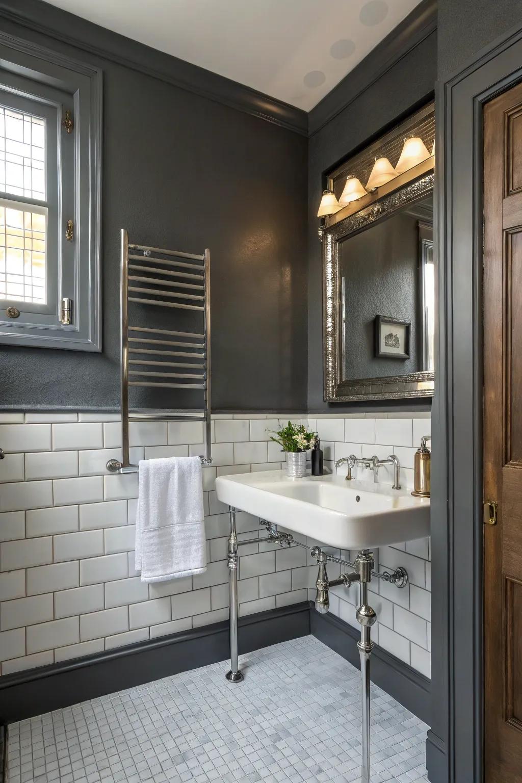 Slate grey walls enhance the depth and drama within this stylish restroom.