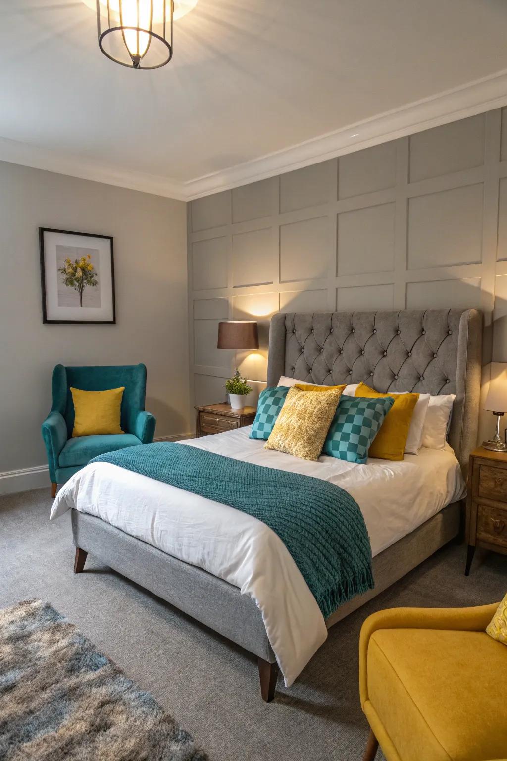 Vibrant hues enrich a grey sleeping space.
