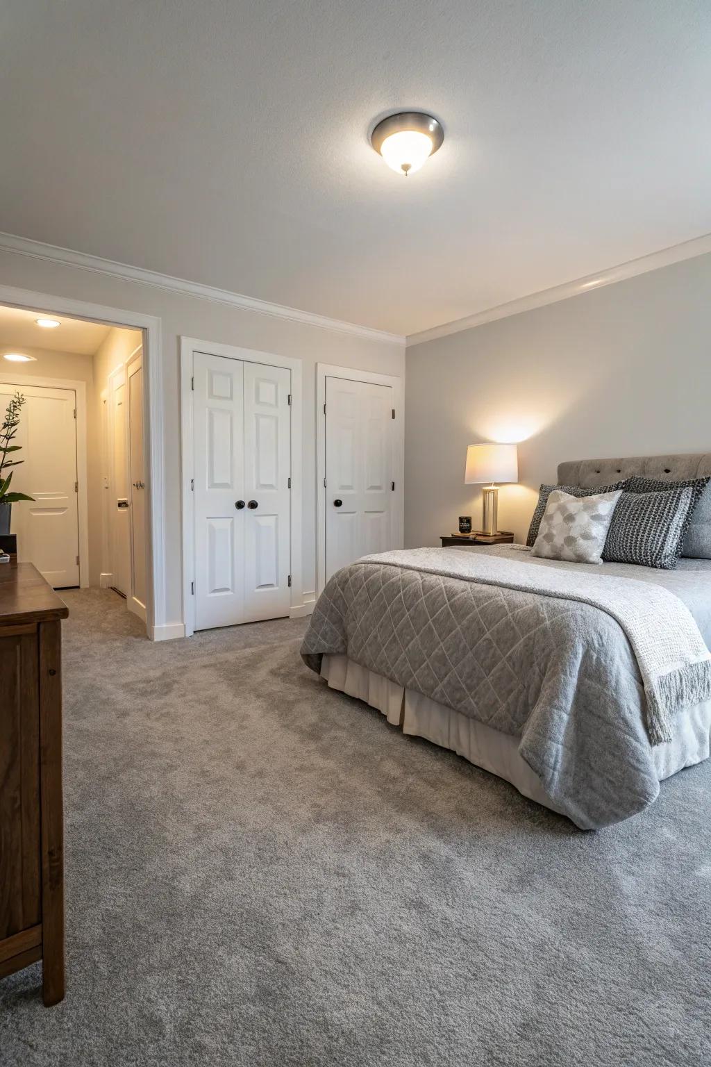 Neutral walls complement the ash-toned floor covering, creating a light and tranquil bedroom.
