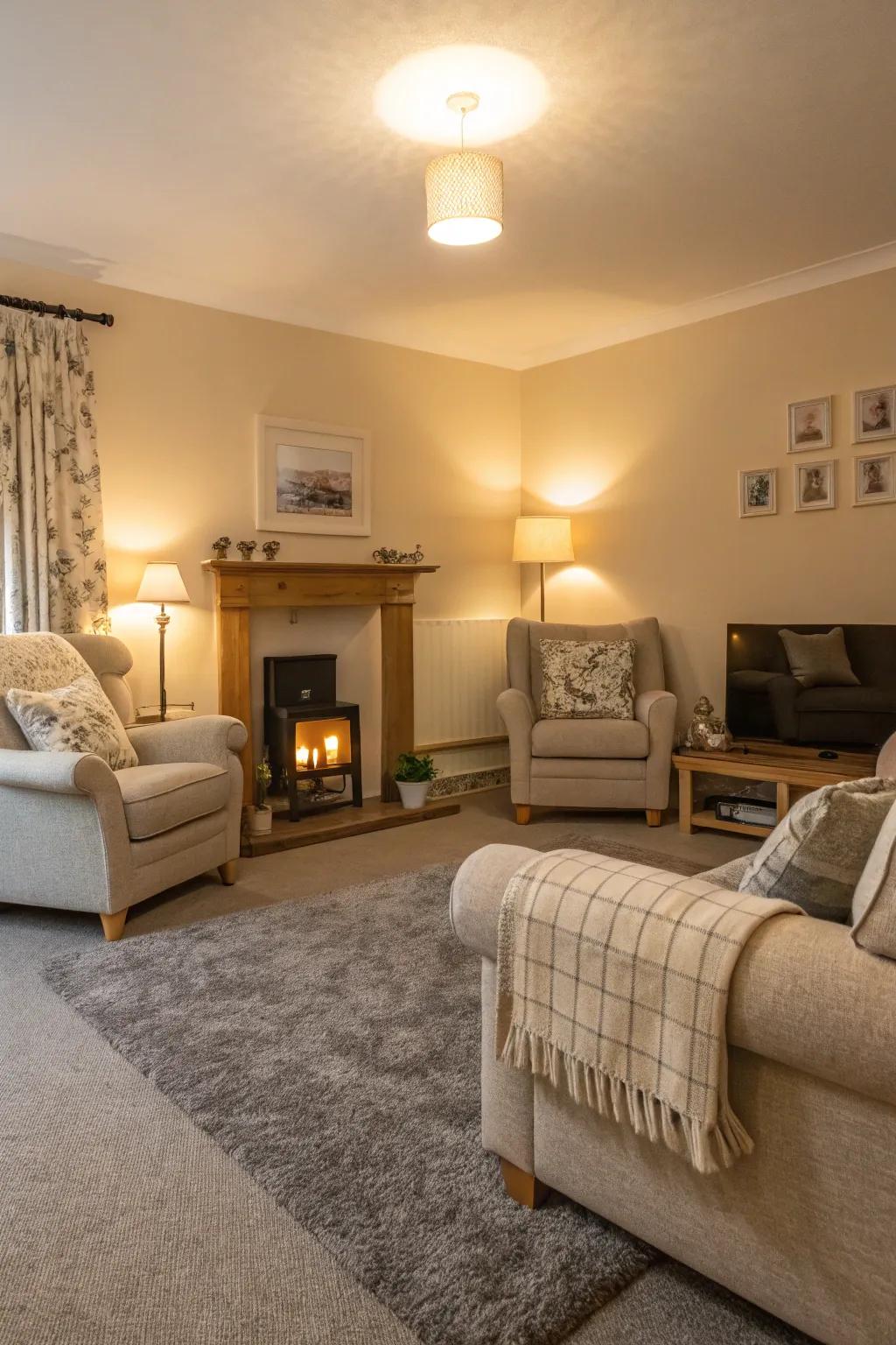 Fawn walls bring warmth to a grey-carpeted area.