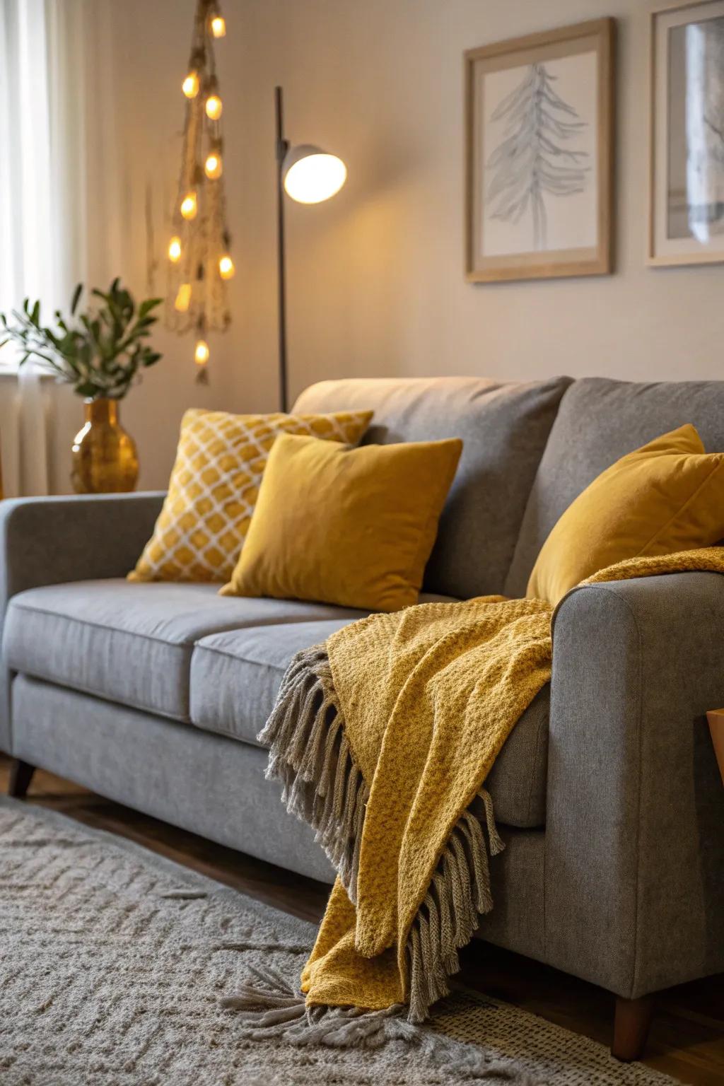 A gray sofa made vibrant with golden yellow details.