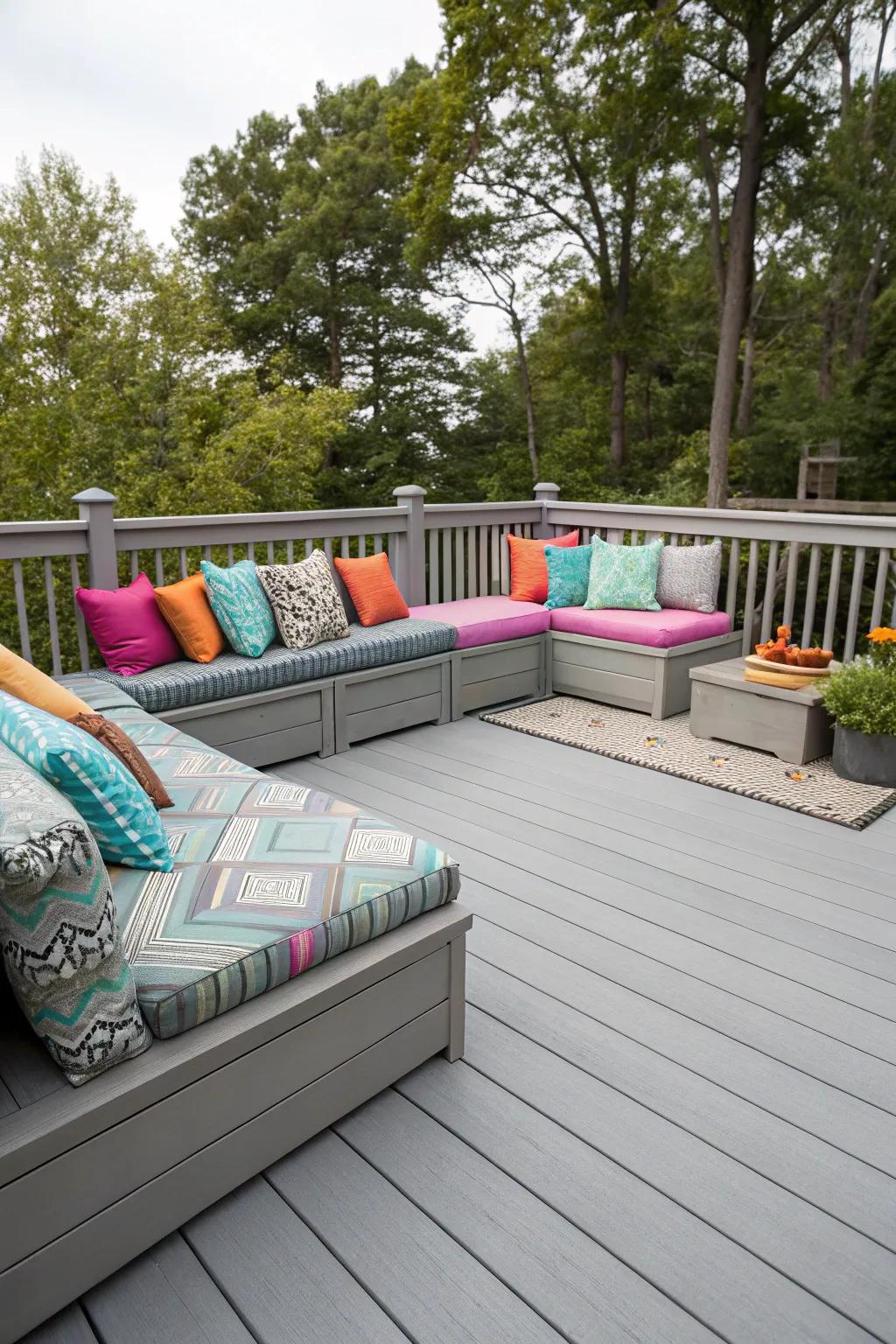An inviting outdoor lounge area on a grey deck, enhanced with colorful cushions.