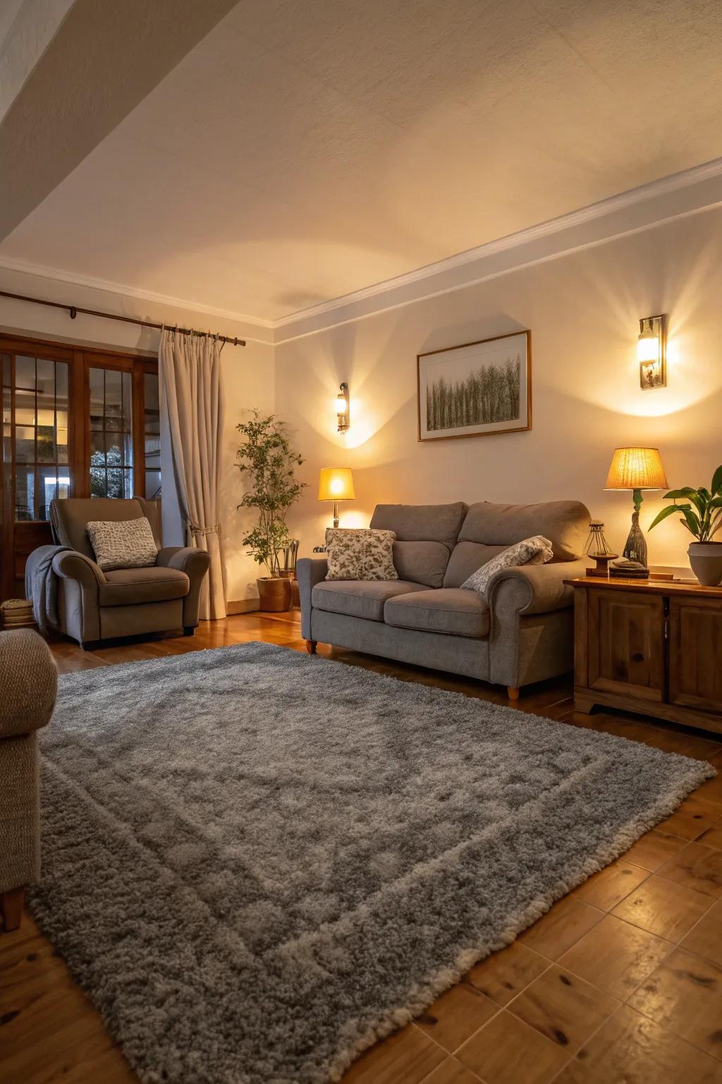 A grey rug adds warmth and cohesion to this inviting living space.