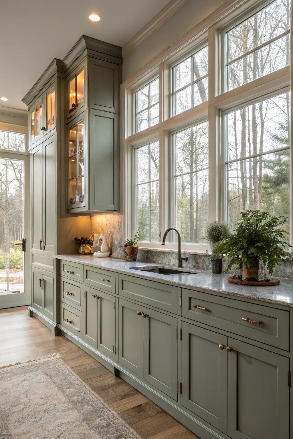 Sunlight graces these grey-green cabinets, filling the kitchen with a bright, welcoming atmosphere.