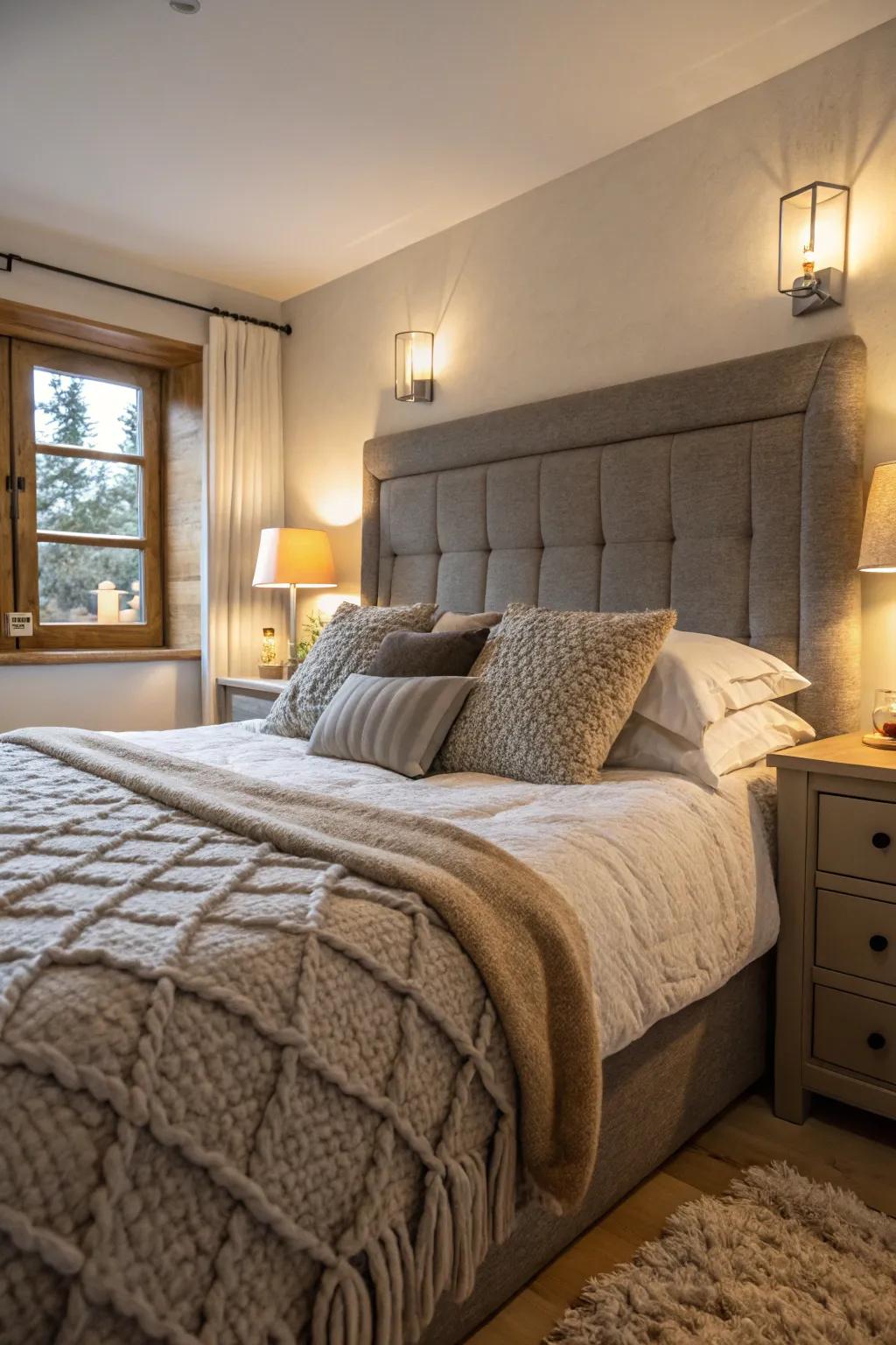 A pleasant bedroom showcasing a grey headboard, enhanced by layered bedding.