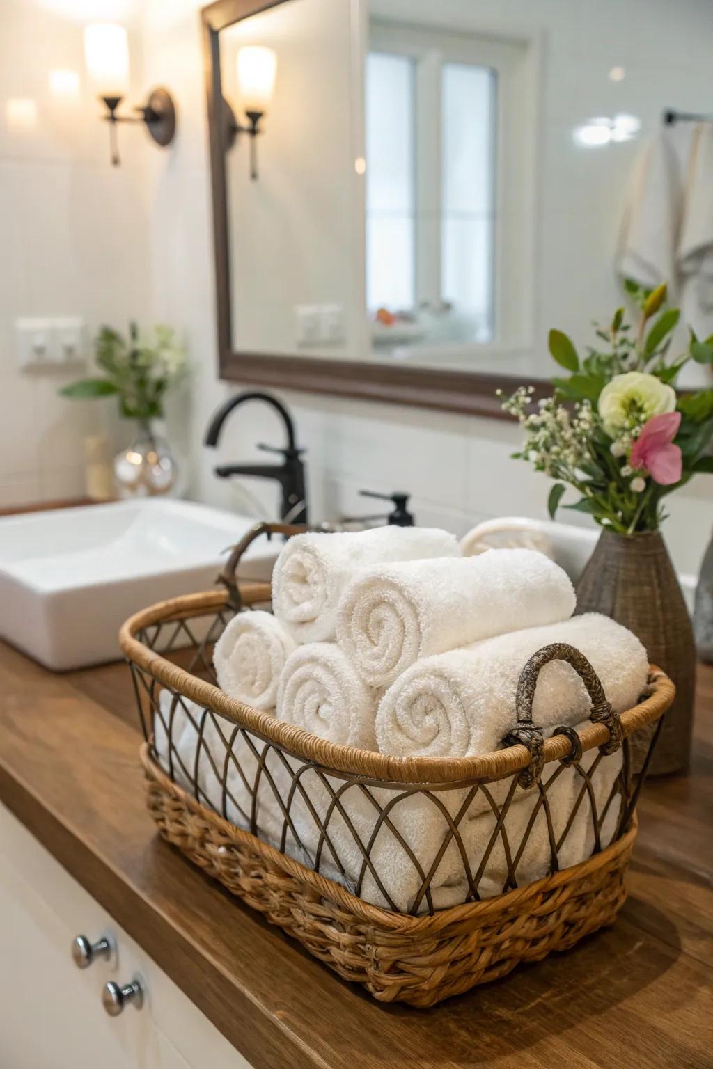 Rolled towels in a basket evoke a sense of refinement.