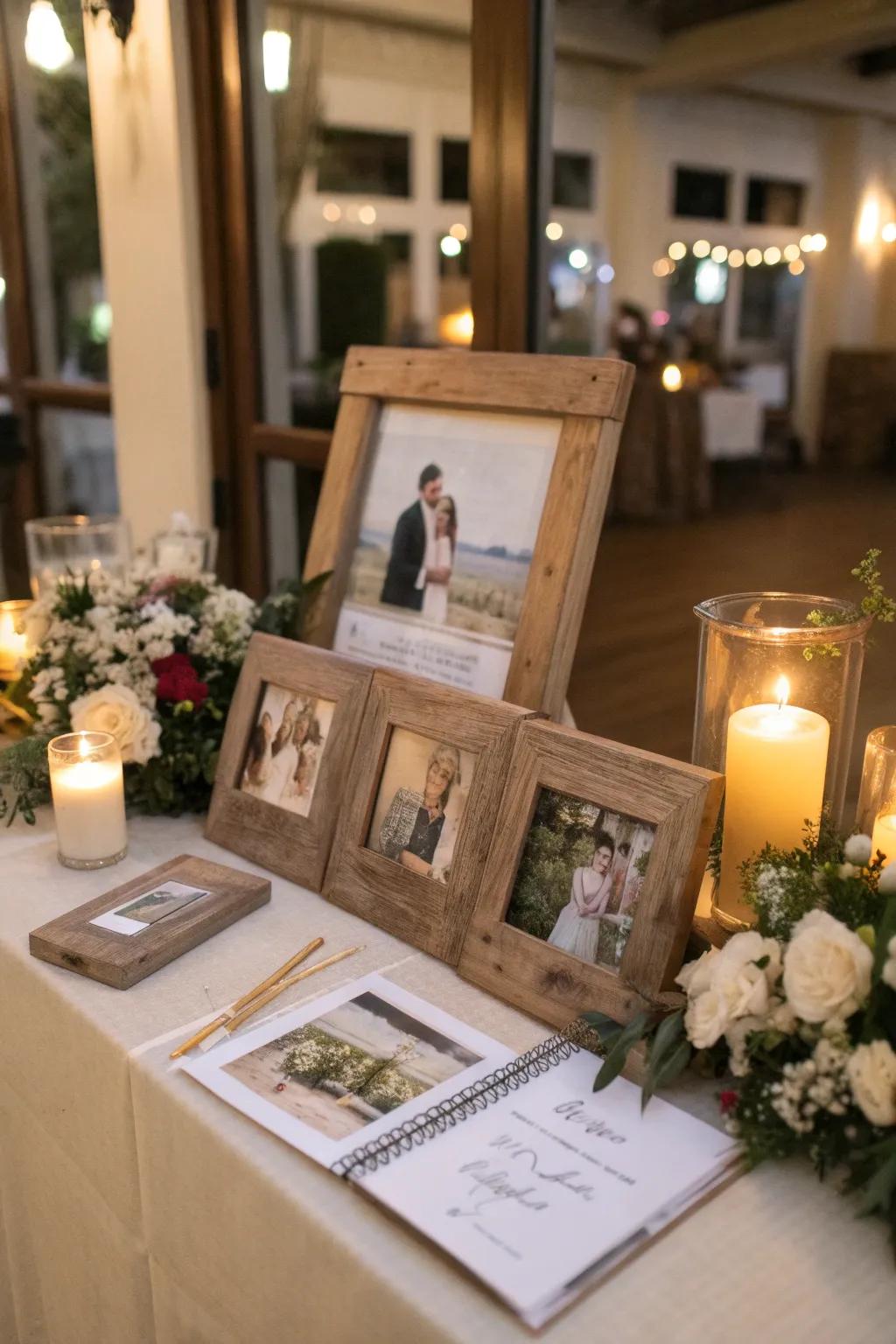 Rustic frames contribute a personal touch to the guest book table.