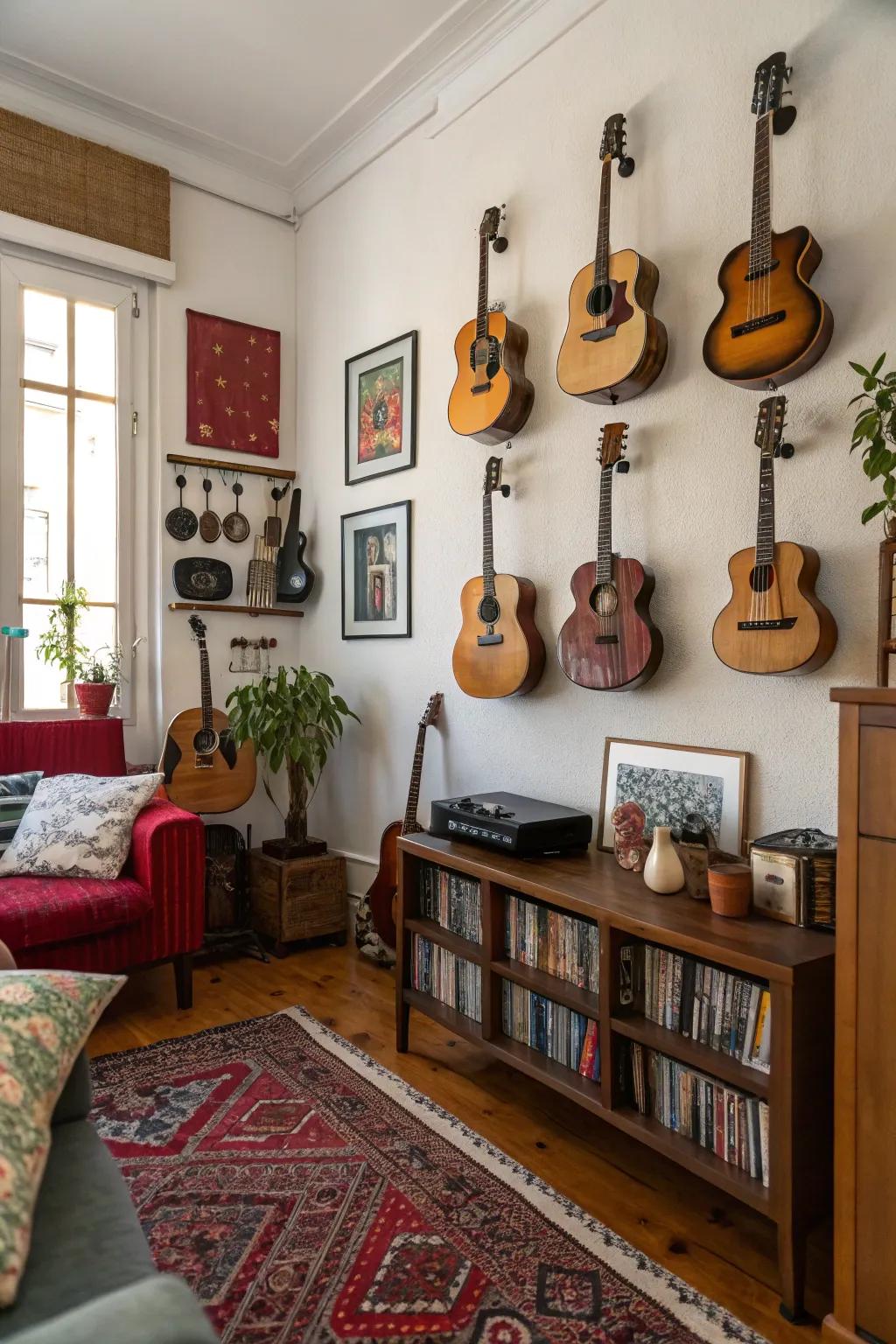 Varied guitar presentation injecting visual flair into the interior design.