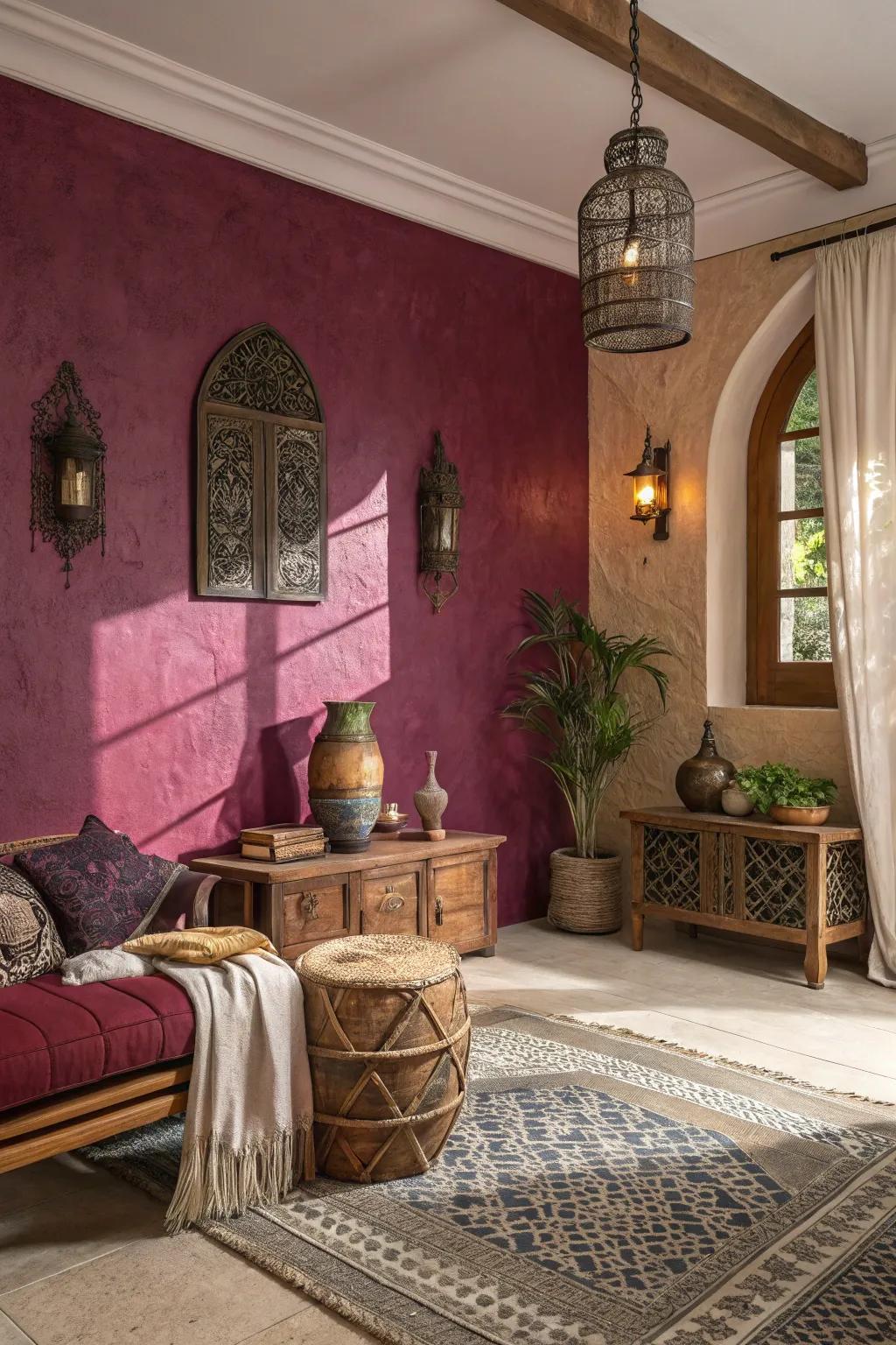 Deep jewel tones fashion a warm and inviting ambiance.