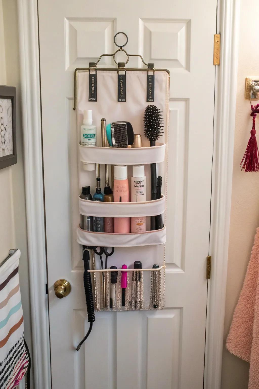 Make the most of your space by using an easily accessible over-the-door rack for hair necessities.