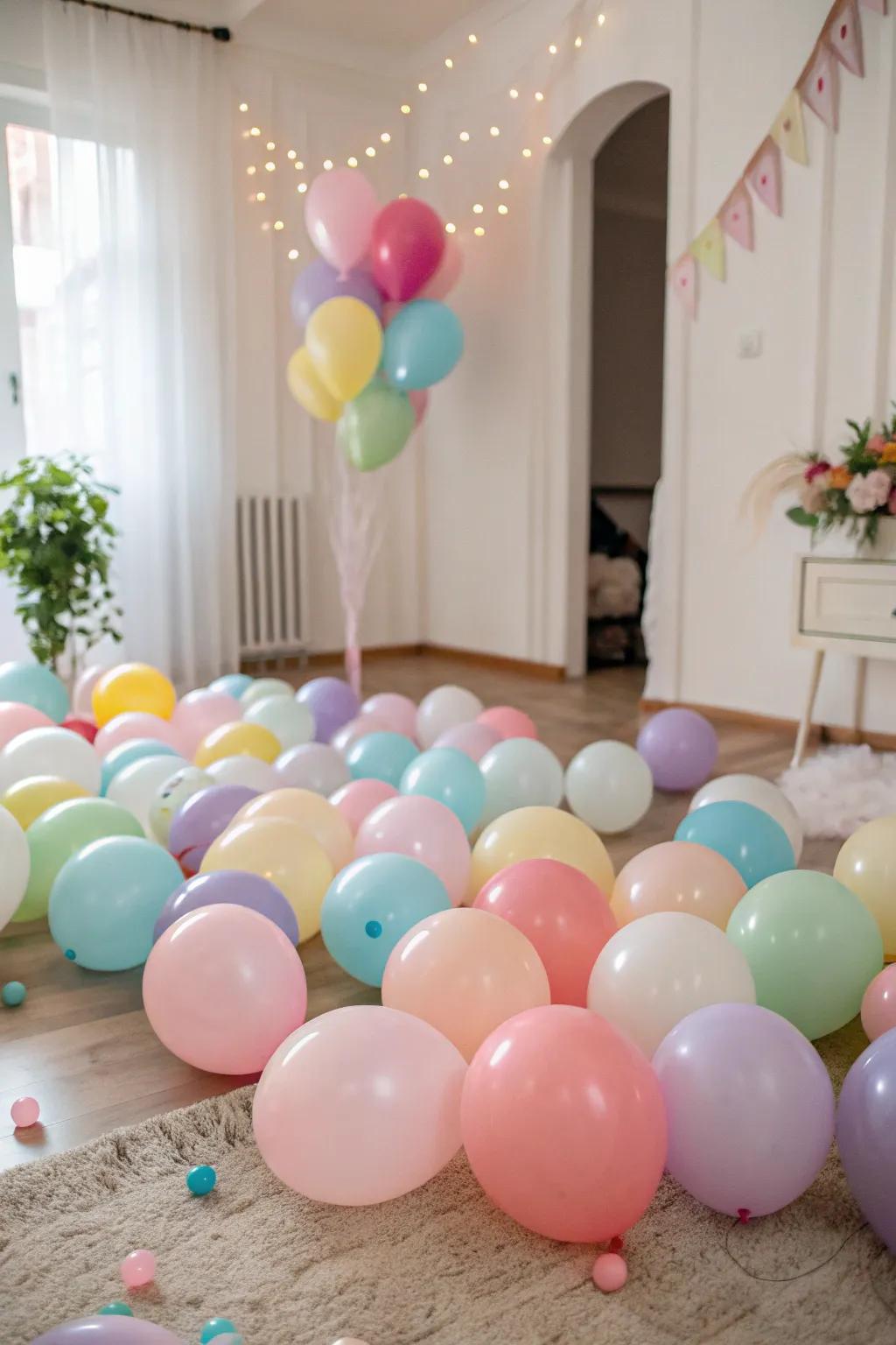 A room brimming with bright, half-inflated balloons, adding a whimsical vibe to the celebration.