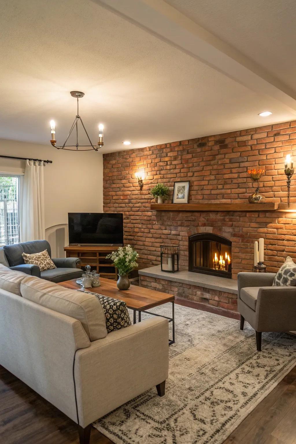 A snug living room featuring a brick accent wall and welcoming decor.