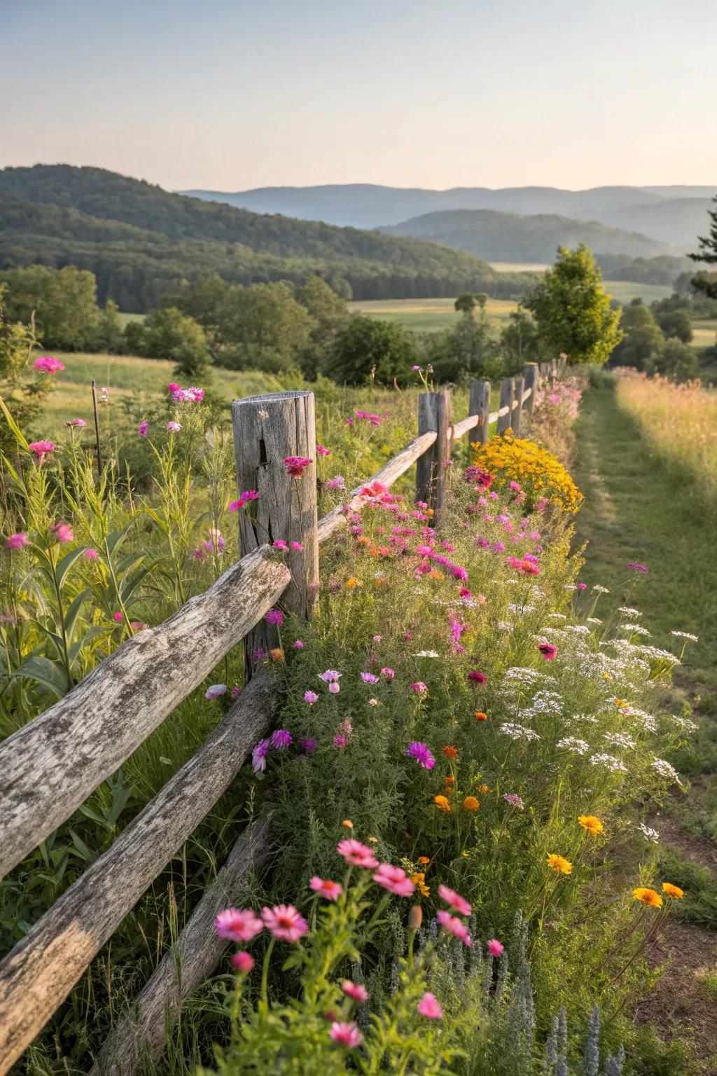 Rustic elegance with a hewn timber boundary and native blooms.