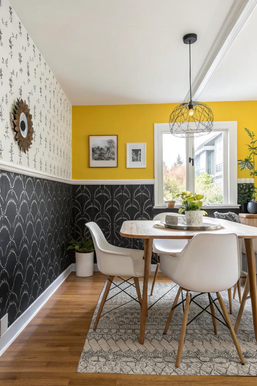 An adventurous dining space featuring dark wall coverings and golden coating, delivering a dynamic and vibrant aesthetic.