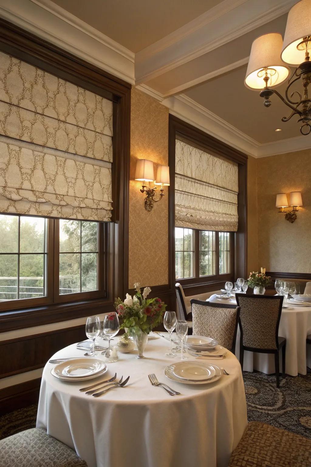 Sophisticated eating area featuring textile Roman shades.