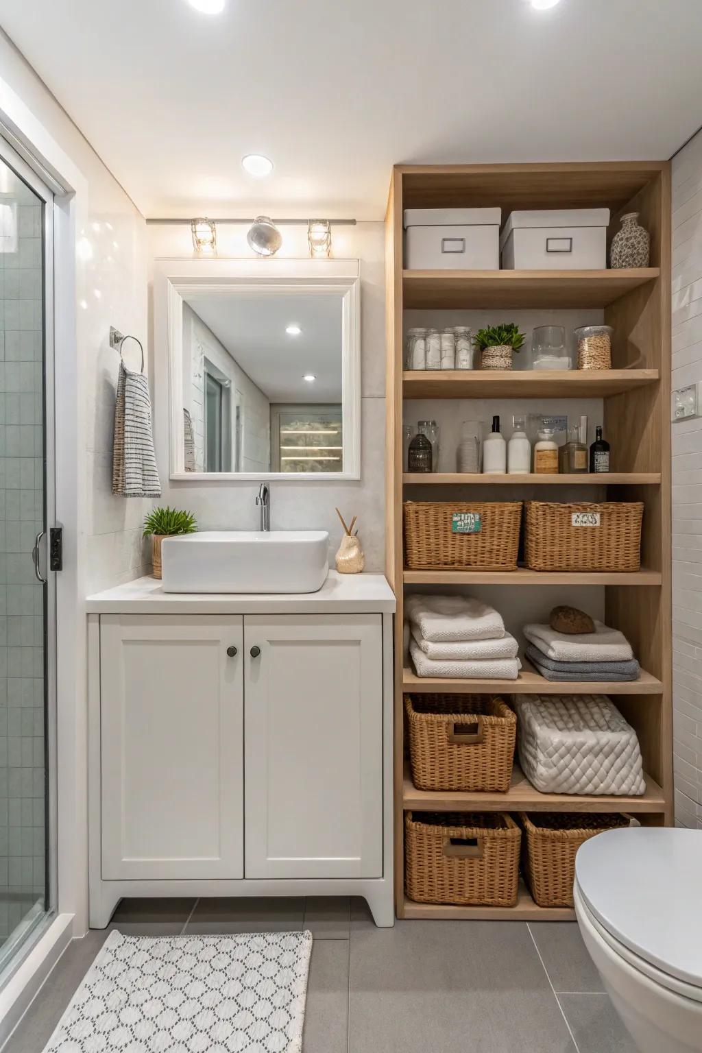 Clever organization options in a guest bathroom help maximize area and maintain neatness.