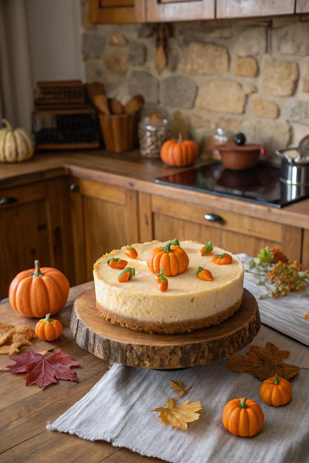 A charming gourd patch gracing your Halloween cheesecake.